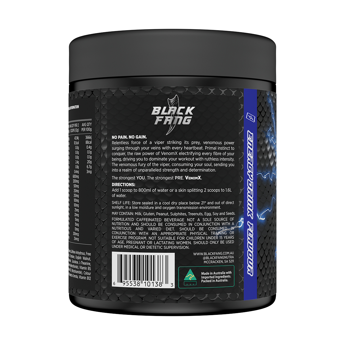 VenomX Pre-Workout Energy Drink Nutritional Panel