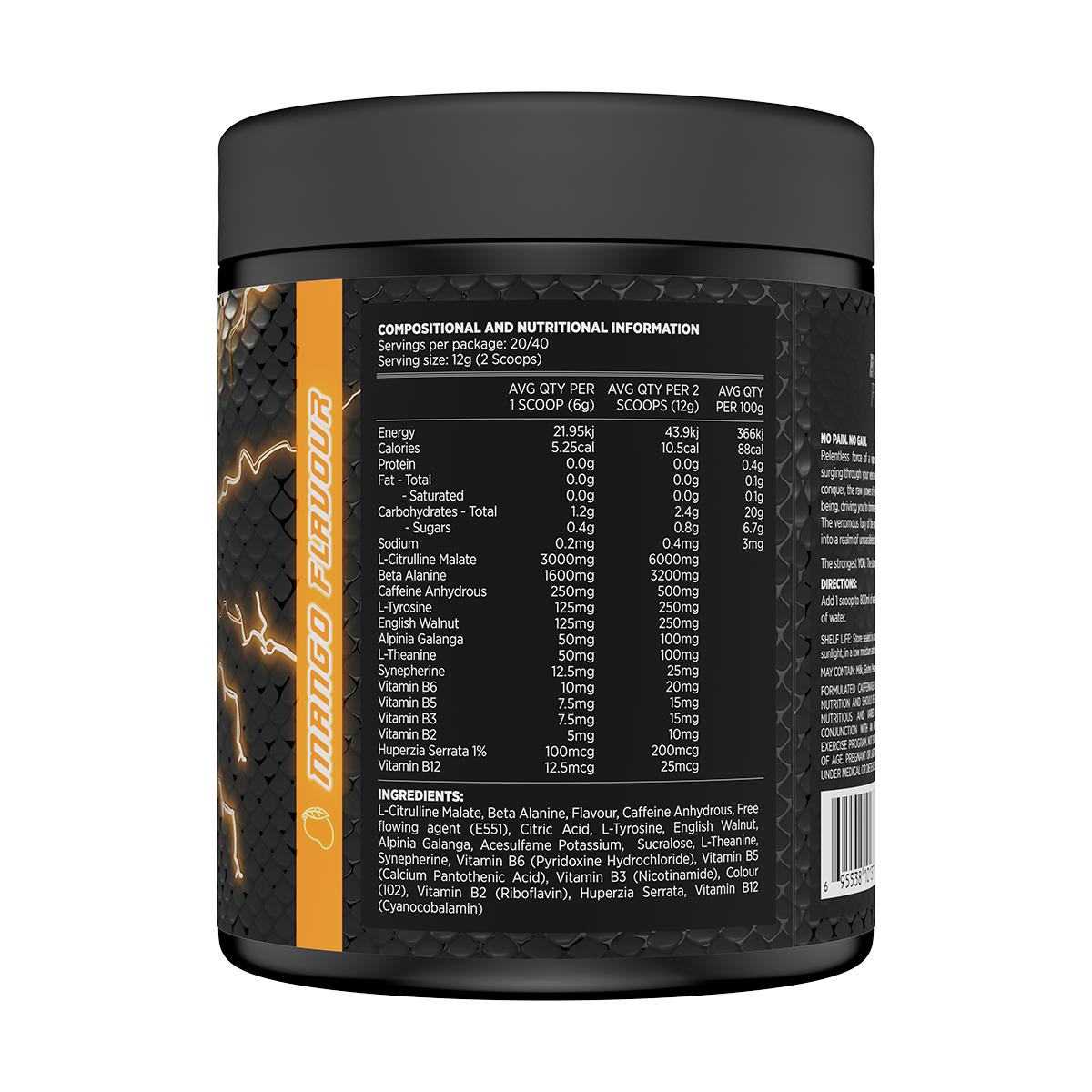 VenomX Pre-Workout Mango Nutritional Panel
